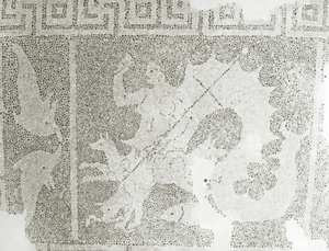 Hellenistisches Kieselmosaik von Skylla und Charybdis, die die Meerenge bewachen, Detail von Skylla, Haus des Dionysos, Paphos, Zypern von Roman