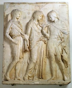 Hermes, Orpheus und Eurydike, Relief, römische Kopie eines griechischen Originals aus dem 5. Jahrhundert v. Chr. (Marmor)