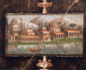 Landschaft und Architektur in Wandmalerei im Tablinum, Haus des Marco Lucrezio Fronto, Pompeji, Kampanien, römische Zivilisation von Roman