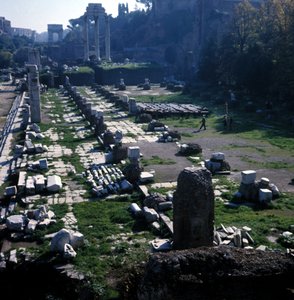 Ort, an dem die Basilica Giulia von Caesar um 54 v. Chr. begonnen und von Augustus (Octavian) (63 v. Chr. - 14 n. Chr.) vollendet wurde - Forum Romanum, Rom. von Roman