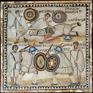 Mosaik, das den Kampf zwischen zwei Equites namens Simmachius und Maternus darstellt, römisch, 3. Jahrhundert n. Chr. von Roman
