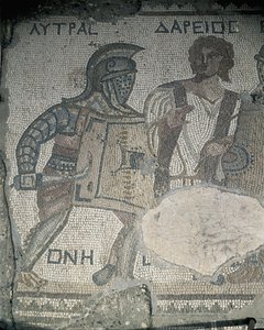 Gemälde von zwei Gladiatoren auf einer Mosaikwand, Kourion, Limassol, Zypern