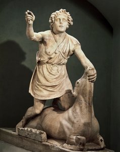 Pentelischer Marmor Mithras tötet Stier, signiert von Kriton aus Athen, aus dem Mithräum der Bäder von Mithras, Ostia Antica (Marmor)