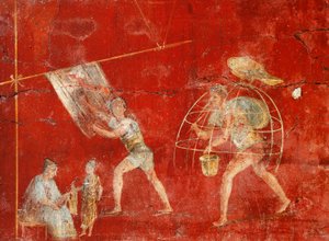 Säulenfresko, das die Wollherstellung darstellt, aus Pompeji, Fullonica von Veranio Ipseo von Roman