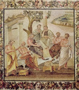 Platon im Gespräch mit seinen Schülern, aus dem Haus von T. Siminius, Pompeji (Mosaik)
