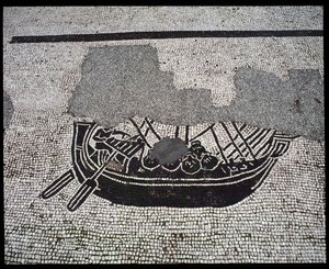 Römische Kunst: „Schiff“ Mosaik der Corporation des gens de la mer, Place des Corporations von Roman