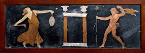 Römische Kunst: Der Tanz einer Mänade und eines Satyrs nahe einem kleinen Tempel