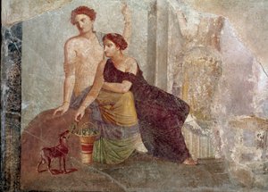 Römische Kunst: „Zwei Frauen spielen mit einer Ziege“ Fresko aus dem 1. Jahrhundert v. Chr. Paris, Louvre Museum von Roman