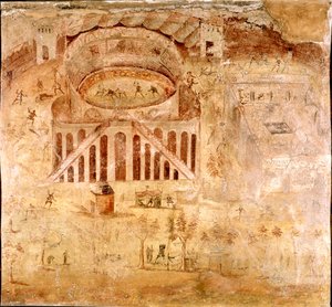 Römische Kunst: „Gewaltsamer Kampf zwischen den Bewohnern von Nocera und den Pompejanern im Amphitheater von Pompeji im Jahr 59 n. Chr.“ Detail eines Freskos. 1. Jahrhundert n. Chr. Vom Pompeji-Gelände. Neapel, Museo Archeologico Nazionale von Roman