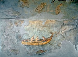 Römische Kunst: Fischer auf einem Boot Fresko aus einem Haus in der Nähe eines Flusshafens von Rom. 131 n. Chr. Rom, Museo Nazionale Romano (o delle Terme) von Roman