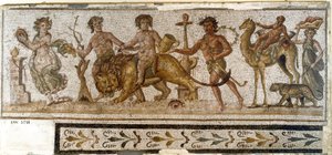 Römische Antike: „Dionysischer Umzug“. Silen reitet auf einem Kamel, eine Mänade spielt ein Instrument. Mosaik aus El Djem (Thysdrus). 3. Jahrhundert n. Chr. El Djem (Thysdrus), Archäologisches Museum von Roman
