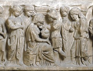 Römische Antike: „Die Traurigkeit des Phaedrus, verliebt und von Hippolytus zurückgewiesen“. Flachrelief eines Sarkophags namens „Phaedrus und Hippolytus“. 3. Jahrhundert n. Chr. Palermo, Museo Archeologico Nazionale