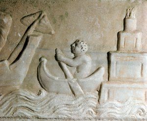 Römische Kunst: Ein Seemann steuert ein Schiff im Hafen von Ostia, der Leuchtturm der Stadt ist sichtbar. Detail eines Reliefs aus dem 1. Jahrhundert n. Chr. von Roman