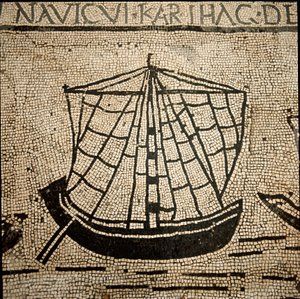 Römische Kunst: Frachtschiff. Mosaik des 3. Jahrhunderts n. Chr. Ostia, Piazzale delle Corporazioni, Italien von Roman