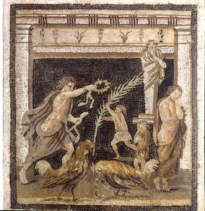 Römische Kunst: Hahnenkampf in einer Palestra in Anwesenheit der Personifikationen von Niederlage und Sieg. Mosaik aus der Villa des Labyrinths in Pompeji. 2. Stil. Archäologisches Nationalmuseum, Neapel von Roman