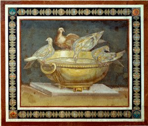 Römische Kunst: Vier Tauben trinken an einem Brunnen. Mosaik aus der Villa Adriana in Tivoli. 2. Jahrhundert n. Chr.