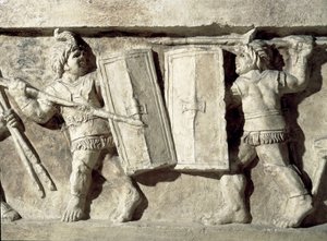 Römische Kunst: Flachrelief, das einen Gladiatorenkampf darstellt von Roman