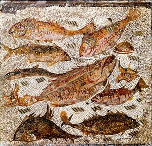 Römische Kunst: Mosaik, das Fische darstellt. 1. oder 2. Jahrhundert n. Chr. Aus der Villa dei Settimii, Via Cassia. Museo Nazionale Romano, Rom von Roman