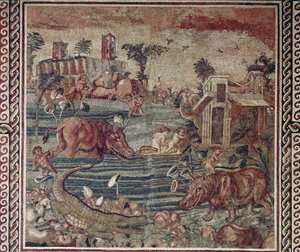 Römische Kunst: Nil-Landschaftsmosaik aus einer Villa auf dem Aventin-Hügel, Rom 1.-2. Jahrhundert. Rom, Museo Nazionale Romano im Palazzo Massimo, Inv 171 von Roman