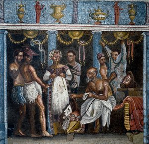 Römische Kunst: Vorbereitungen für ein satirisches Drama. Mosaik. 70 n. Chr. Aus Pompeji, Casa del Poeta Tragico. Neapel, Nationales Archäologisches Museum