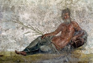 Römische Kunst: Darstellung des Flussgottes. Detail eines Freskos aus dem Haus der Vestalinnen in Pompeji. 1. Jahrhundert n. Chr. Paris, Louvre
