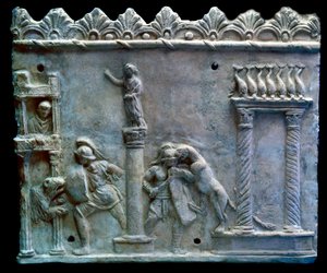 Römische Kunst: Szene eines Gladiatorenkampfes gegen Tiere (Venatio). 1. Jahrhundert v. Chr. Genf, Museum für Kunst und Geschichte von Roman
