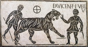 Römische Kunst: „Zwei Frauen zähmen einen Tiger“ (Mosaik aus Castro Pretorio in Rom)