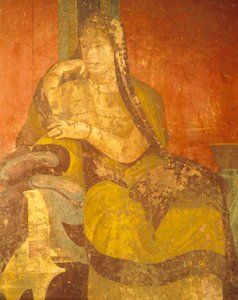 Römische Frau, Detail eines Gemäldes aus dem Kult der dionysischen Mysterien, Zweiter pompejanischer Stil, Villa der Mysterien, Pompeji, Kampanien, Römische Zivilisation