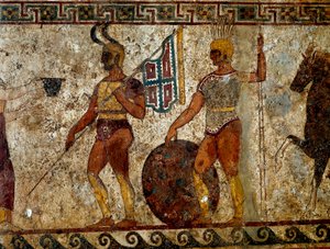 Samnitische Krieger. Grabmalerei aus dem 4. Jahrhundert v. Chr., aus Paestum, Italien. Fresko. Nationales Archäologisches Museum, Neapel