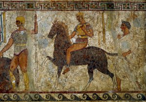 Samnitische Krieger und Reiter, Grabmalerei aus dem 4. Jahrhundert v. Chr., aus dem Gebiet von Paestum, Italien von Roman