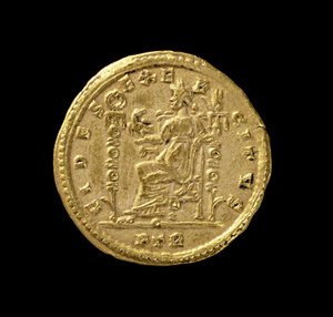 Solidus (Rückseite) von Konstantin I., der Große (306-337 n. Chr.) mit Fides, die links auf dem Thron sitzt. Inschrift: FIDES EXERCITVS von Roman