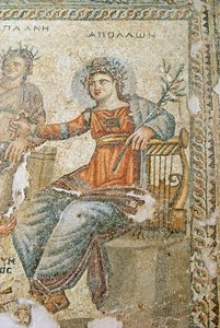 Das Apollo und Marsyas Mosaik, Detail von Plinius und Apollo, Haus des Aion, Paphos, Zypern von Roman