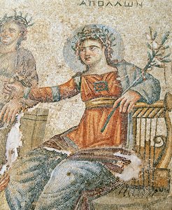 Das Apollo und Marsyas Mosaik, Detail von Plinius und Apollo, Haus des Aion, Paphos, Zypern von Roman