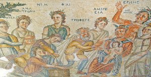 Die Vorstellung des Baby Dionysos durch Hermes an Silenus. Haus des Aion, Paphos, Zypern von Roman