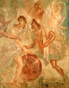 Odysseus und Diomedes erkennen Achilles, verkleidet als die weibliche Pyrrha, unter den Töchtern des Lykomedes in Skyros, aus Pompeji (Fresko) von Roman