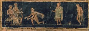 Der musikalische Wettstreit zwischen Apollo und Marsyas von Roman Pompeian wall painting.