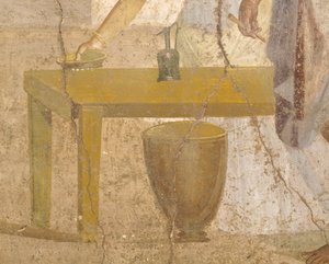 Detail des Freskos, das ein Opfermahl darstellt, Haus der vergoldeten Amorinen, Pompeji, Kampanien, Römische Zivilisation