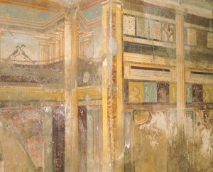 Detail des Freskos, Teil der Wanddekorationen, Haus des Labyrinths, Pompeji, Kampanien, Römische Zivilisation