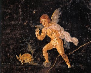 Fresko, das Amor zeigt, der einen Hasen jagt, aus Pompeji, Italien von Roman Roman