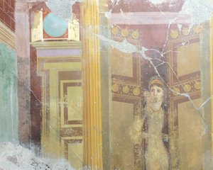 Fresko, das eine falsche architektonische Dekoration und die Figur einer Frau zeigt, aus dem Haus des Fabius Rufus, Pompeji, Kampanien, römische Zivilisation