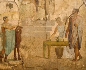 Fresko, das eine Opferszene darstellt, Dekoration aus dem Haus der vergoldeten Amorinen, Pompeji, Kampanien, Römische Zivilisation