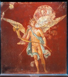 Fresko eines geflügelten Genius, der eine Frau auf seinen Schultern trägt, aus dem Haus des Naviglio, Pompeji, Italien