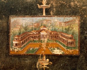 Landschaft und Architektur in Wandmalerei im Tablinum, 3. pompejanischer Stil, Haus des Marco Lucrezio Fronto, aus Pompeji, Kampanien, Italien
