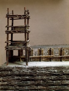 Modell, das die Belagerung und die Schlacht von Alesia im September 52 v. Chr. durch Julius Caesar darstellt, die die Niederlage von Vercingetorix sah. Detail, das das von Caesar gebaute Verteidigungssystem darstellt. Rom, Museo della Civilta Romana von Roman Roman