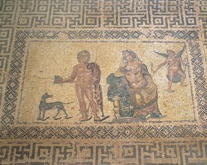 Mosaik, das Hippolytus und Phaedra darstellt, Haus des Dionysos, Römische Villa, Paphos, Zypern (Foto) von Roman Roman