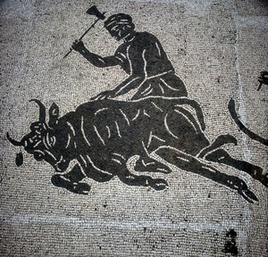 Mosaik, das eine Szene der Stierschlachtung darstellt und in Ostia (bei Rom) gefunden wurde. Derzeit im ehemaligen Feuerwehrhaus von Ostia aufbewahrt.