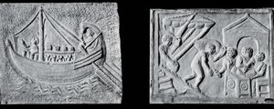 Relief, das ein Handelsschiff darstellt (Museo Nazionale, Rom) und Relief, das das Entladen eines Schiffes darstellt (Museo Torlonia, Rom) 3. oder 4. Jahrhundert
