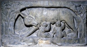 Relief in Kalkstein von Lupercal: Wolf mit Romulus und Remus, Museum von Avenches.