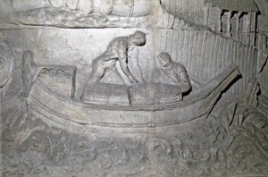 Ein Boot lädt Vorräte auf der Donau während des Ersten Dakerkrieges