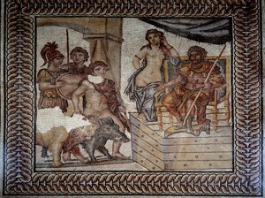 Römische Kunst: Admete, König von Pheres in Thessalien, der einen Eber und einen Löwen gezähmt hat, bittet Pelias, König von Iolcos, um die Hand seiner Tochter Alkeste. Mosaik der Hochzeit von Admete. Nîmes, Museum der Schönen Künste
